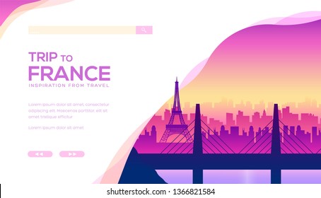 Cityscape of Paris with sightseeing attractions. Urban landscape with buildings, houses, Eiffel Tower, bridge. Vector banner for tourist, travel to France projects. Place for text, copy space.