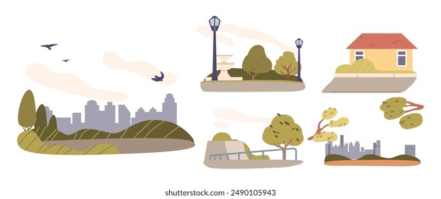 Cityscape And Park Elements Including Trees, Lamp Posts, A House, And Buildings. Perfect For Urban Design Concepts