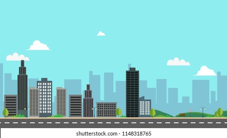 Cityscape with park and sky background vector illustration.Town design with main street and clouds.Street road with city landscape.