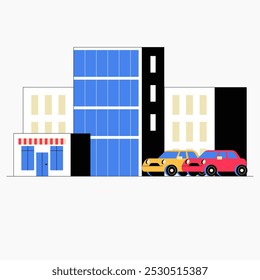 Cityscape with parked cars and tall buildings in flat vector illustration symbolizing urban life, architecture, and transportation, isolated on white background.