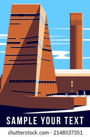 Cityscape with people and modern skyscrapers in the background. Travel poster. Handmade drawing vector illustration.