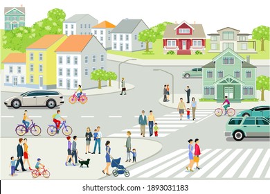 Stadtlandschaft mit Menschen und Straßenverkehr, Illustration