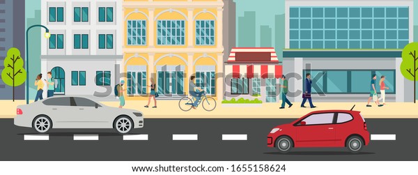 Cityscape with people walking and car\
on street vector illustration. Business buildings and business man\
walk. Urban city with car on road. Business town\
scene
