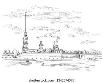 Cityscape of The Peter and Paul Fortress in Saint Petersburg, Russia and embankment of river. Isolated vector hand drawing illustration in black color on white background.