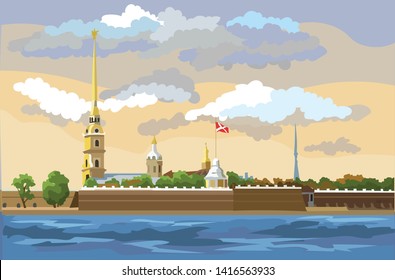 Cityscape of The Peter and Paul Fortress in Saint Petersburg, Russia and embankment of river. Colorful vector  illustration.