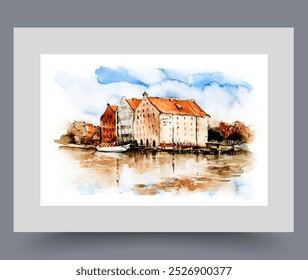 Stadtlandschaft mit Pier in der Nähe von Gebäuden am Flussufer in der polnischen Stadt Danzig auf Wandkunst. Aquarell. Print mit Pier unter blauem Himmel mit alter Architektur, im Rahmen mit Dekor für Poster