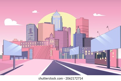 Cityscape in pink tones. Street of town vector, city with road , many 
high-rise buildings, skyscrapers. Big boards. Empty downtown road. 