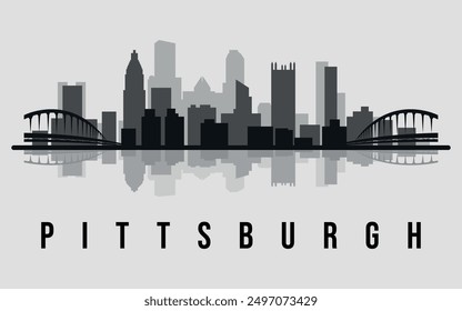Cityscape. Pittsburgh. Flat. Silhouettes of buildings. Vector on gray background