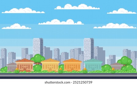 Cityscape. Pixel art. Row of colorful houses surrounded by lush green trees in front of tall skyscrapers under sky with scattered clouds. Ideal for urban development, residential architecture greenery