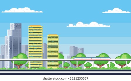 Cityscape. Pixel art. Tall skyscrapers, greenery, elevated train track dominate scene under blue sky with clouds. Ideal for urban development, transportation, architecture, green spaces, and modern