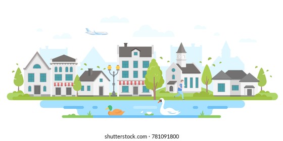 Cityscape with a pond - modern flat design style vector illustration