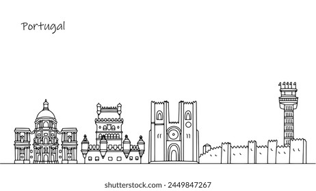 Cityscape of Portugal. The beauty of Lisbon. Panoramic illustration with temples, cathedrals and castles. Culture of a southern European country. Vector.