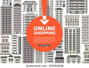 Cityscape poster with apartment, office building, skyscraper houses. City modern architecture background design template with online shopping text. Vector flat illustration