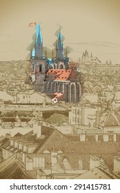 Cityscape of Prague, the St.Vitus Cathedral is  visible in the distance. Travel background illustration. Painting with watercolor and pencil. Brushed artwork. Vector format.