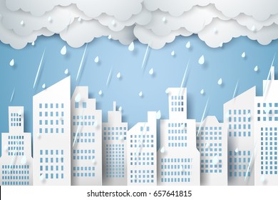 Cityscape with rain,  rainy season, paper art style