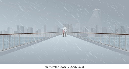 Cityscape in rainy day with couple of elderly lover walking in rain with umbrella on pedestrian bridge across the river have skycrapers and cloudy sky background graphic illustration.