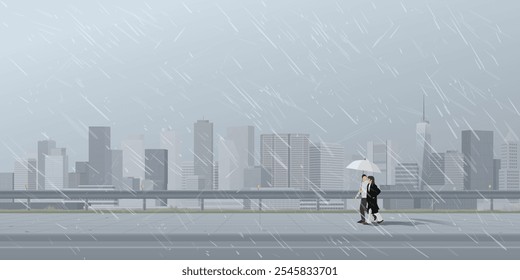 Cityscape in rainy day with couple of lover under umbrella walking on the sidewalk have skyscraper and dusk sky background graphic illustration.