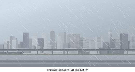 Cityscape in rainy day view from sidewalk have skyscraper and dusk sky background graphic illustration.