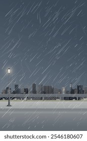 Cityscape in rainy day view from sidewalk have skyscraper and cloudy sky vertical background graphic illustration.