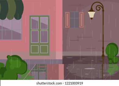 Cityscape with rainy scene. Wet evening in a city street. Vector illustration eps 10