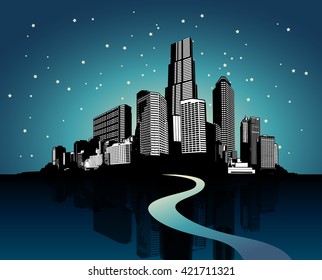 Cityscape with reflection on water at night.