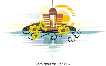 Cityscape reflection in the sea at sunrise, vector illustration series.