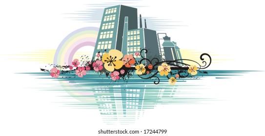Reflexão da paisagem urbana no mar ao nascer do sol, série de ilustração vetorial.