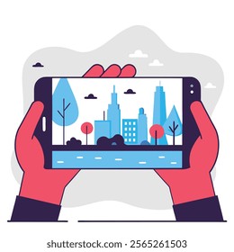 Cityscape Reflection in Smartphone Held by Hands