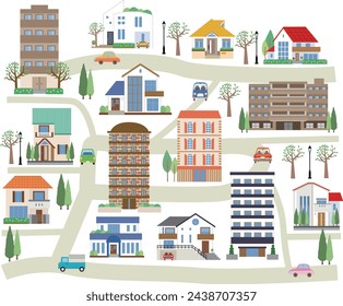 Paisaje urbano, área residencial, ilustración, vector