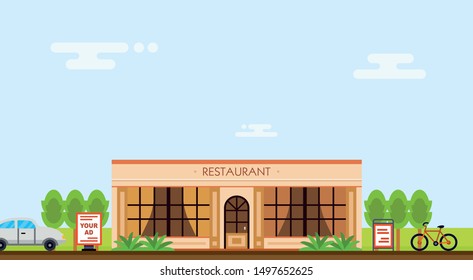Cityscape, restaurant. Flat vector illustration. Construct your city. Build your town.