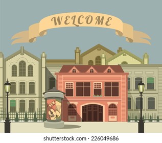 cityscape in retro style retro colors beautiful city on the sky background with pedestal for posters and banners with the inscription welcome