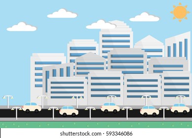 cityscape with road and car with lamp post on side street and sun and cloud on blue sky.vector and illustration