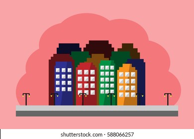 cityscape with road and lamp post on the red background.vector and illustration