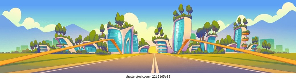 Cityscape with road and modern buildings and houses. Futuristic urban landscape with town street, eco houses with green trees on roof, vector illustration in contemporary style