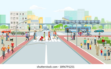 Cityscape with road traffic, elevated train and people illustration