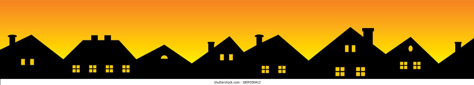 Cityscape, roofs and windows, black silhouette on orange background, vector