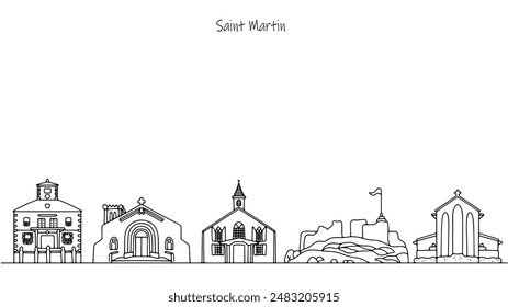 Cityscape of Saint Martin. Hand-drawn buildings and architecture of the island nation. Old and modern architecture. Isolated vector on white background.