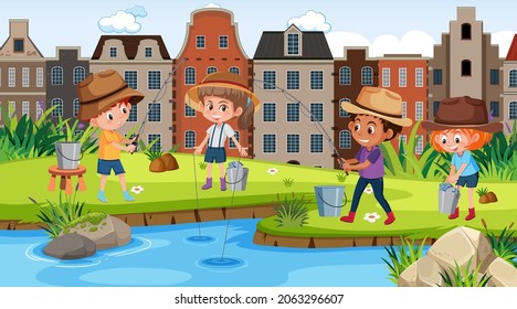 Cityscape scene with many kids fishing in the river illustration