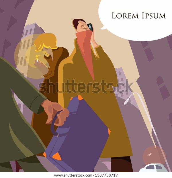 Cityscape scene with passerby. Vector Isolated\
Graphic Design Illustration. Cartoon, Comic, Flat Style. City,\
buildings, citizens, skyscrapers, road, cars, crowd, busy day,\
people, persons, text\
place