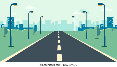 Cityscape scene with road , trees and sky background vector illustration.Main street to town concept.Urban scene with nature background