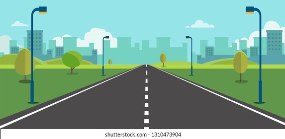 Cityscape scene with road , trees and sky background vector illustration.Main street to town concept.Urban scene with nature background.Beautiful nature landscape.