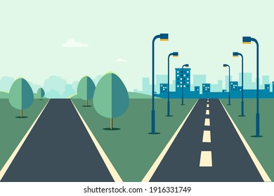 Cityscape scene with road two ways  and sky background vector illustration.Street to city and rural scene