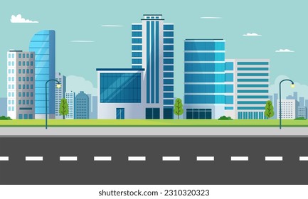 Cityscape scene with street.Modern building with sky background.Smart city with park