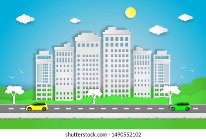 Cityscape scenery in day time with sun, cloud,  street and tree in paper cut craft style design - vector illustration 