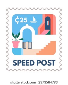 Cityscape with sea and architecture, postcard or postmark with price. Paper with city and buildings, arches. Mail and express delivery service, correspondence postage mark. Vector in flat style