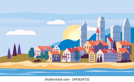 Cityscape sea ocean seashore landscape with buildings, mountains hills and trees sunset. Vector illustration in trendy simple minimal geometric flat style, websites, banner, cover poster