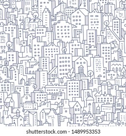 Cityscape seamless doodle pattern. Abstract urban background landscape