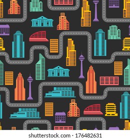 Cityscape seamless pattern with buildings.