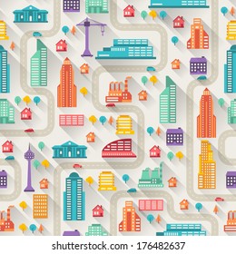 Cityscape seamless pattern with buildings.