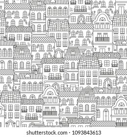 Cityscape seamless pattern with old European houses. Colored page background. Black + white. Vecto